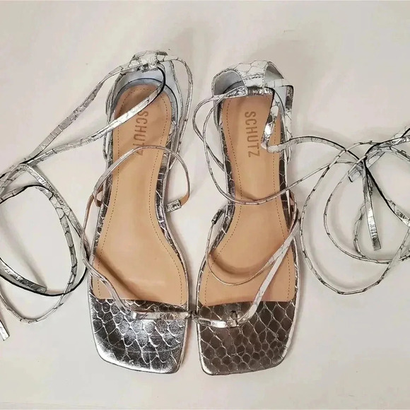 SCHUTZ Krist Flat Sandals in Croc-embossed Metallic Leather 10B - Picture 6 of 14